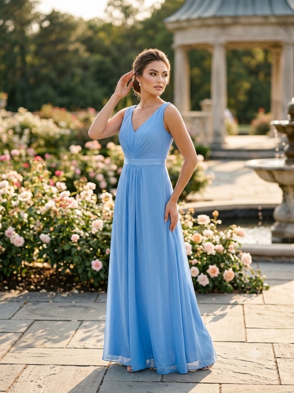 David's Bridal Sky Blue Chiffon V-Neck Maxi Dress